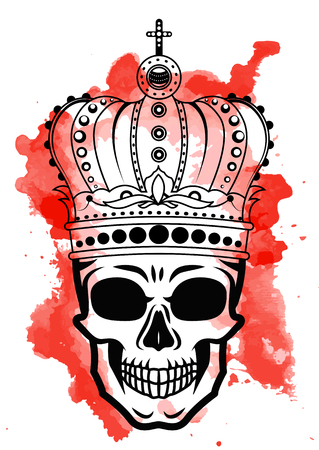 Line art hand drawing black skull with crown on had isolated on white background with red watercolor blots. Dudling style. Tatoo. Zenart. Coloring for adults.のイラスト素材