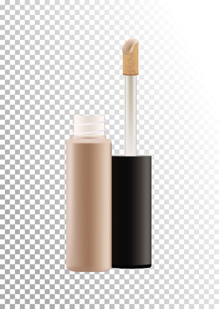 Mock up of realistic concealer makeup open bottle with tassel. Package of face skin corrective cosmetic product. Template of container isolated on transparent background. Vector illustration.のイラスト素材