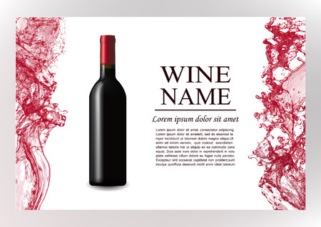 Advertising magazine page,wine presentation brochure. Illustration of a dark bottle of red wine in photorealistic style. A realistic object on stylish background with splashes of wine and text .Vectorのイラスト素材