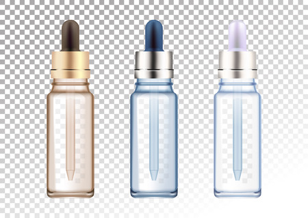 Set of vector realistic glass bottles in three colors. Cosmetic vials for oil, liquid essential, collagen serum. Vector illustration isolated on white-transparent background. In blue color.のイラスト素材