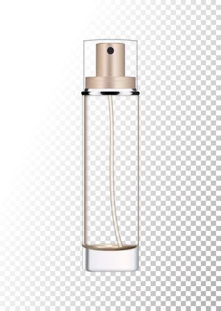 Vector empty bronze gold package for cosmetic products with pump, tube for lotion, tonic, cream. Realistic mockup of glass container with batcher isolated on white-transparent background.のイラスト素材