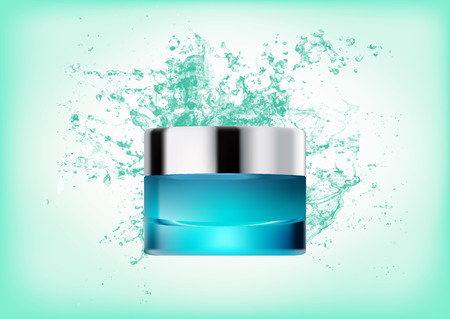 Mock up cosmetic realistic glass cream jar,silver lid. Cosmetic beauty product package, vector illustration.Realistic container isolated on abstract background with water splash.Blue color transitionsのイラスト素材