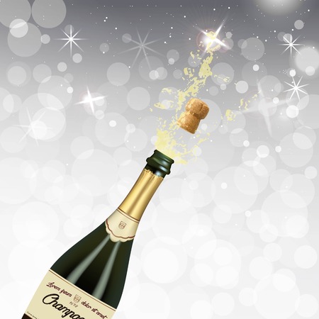 Vector illustration of opened bottle of champagne or sparkling wine with a cork and splash in photorealistic style. A realistic object on a shine white background. 3D Realism.のイラスト素材