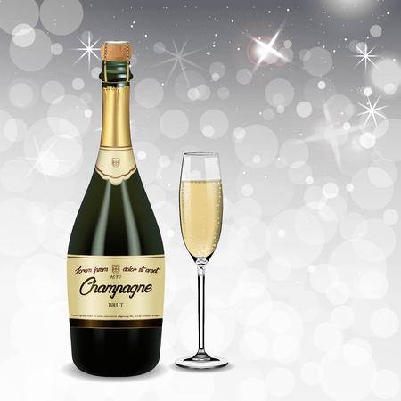 Vector Realistic green with gold label Champagne bottle and glasses with sparkling white wine isolated on white shine background.Happy new year and mary christmas illustration 2019のイラスト素材