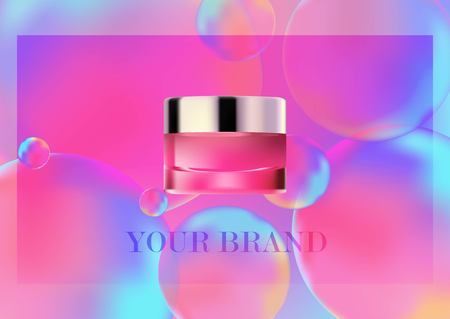Mock up cosmetic realistic glass cream jar,silver lid. Cosmetic beauty product package template,vector illustration. Realistic container isolated on Neon color balls background. Pink color,overflows.のイラスト素材