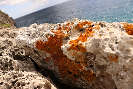 stone shore outside caves of drach in majorcaの写真素材