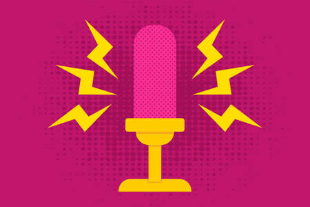 Vector icon of yellow microphone on white background. Retro microphone for hot news.のイラスト素材