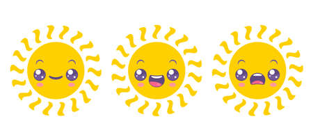 Vector set icons of sun in kawaii style. Vector emoji of funny sun.のイラスト素材