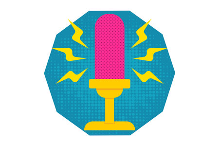 Vector icon of yellow microphone on blue banner. Retro microphone for hot news.のイラスト素材