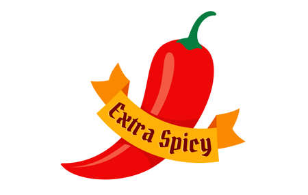Vector illustration of chilli pepper. Vector icon of red chili pepper with ribbon on isolated background. Extra spicy.のイラスト素材
