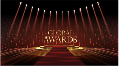 Red Carpet Platform Steps Golden Stage Spotlights Royal Awards Graphics Background. Lights Elegant Shine Modern Template. Dotted Luxury Premium Corporate Template.のイラスト素材