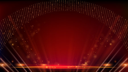 Red Maroon Golden lights rays Stage Royal Awards Graphics Background. Stage show Platform Elegant Shine Modern Template. Rich Luxury Premium Corporate Template.の写真素材