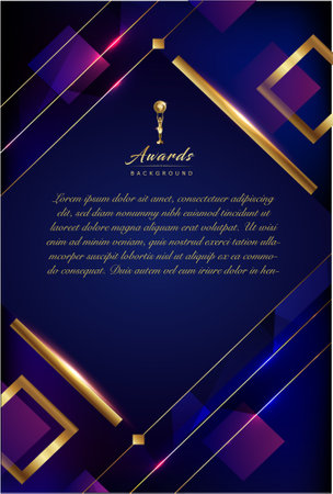 Blue Purple Golden Edge Frame Invitation Card. Square Diamond Royal Awards Graphics Background. A4 Size Elegant Shine Modern Template. Luxury Premium Corporate Template.のイラスト素材