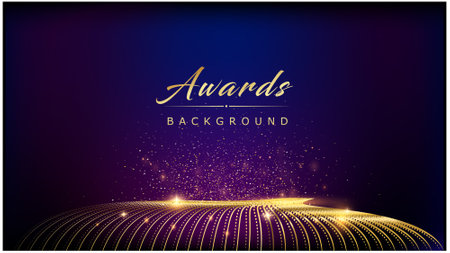 Blue Golden dotted Edge Lines Stage Spotlights. Royal Awards Graphics Background. Lights Elegant Shine Shimmer Modern. Luxury Premium Corporate Template. Sparkling wavy flowのイラスト素材