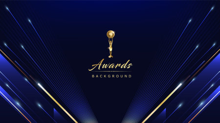Dark Blue Golden Royal Awards Graphics Background. Lines Growing Elegant Shine Spark. Luxury Premium Corporate Abstract Design Template. Classic Shape Post. Center LED Screenのイラスト素材