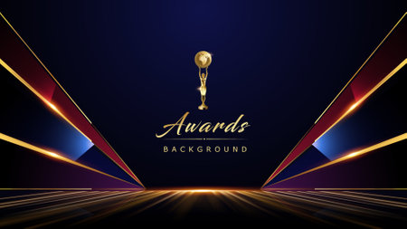 Golden Blue Red Award Background. Jubilee Night Decorative Invitation. Stage platform. Elegant Luxury Side Abstract Shape with Crystal Edge effect. Corporate Entertainmentのイラスト素材