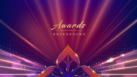 Golden Blue Pink Award Background. Leaf Flower Lotus Traditional Rays Sparkle Glowing Effect. Jubilee Night Decorative Invitation. New Trend Shining Marketing Visual.のイラスト素材