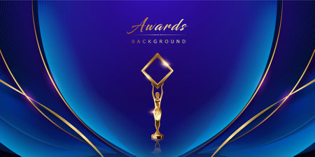 Blue Golden Round Side Curve Wave Award Background. Trophy on Luxury Background. Modern Abstract Design Template. LED Visual Motion Graphics. Wedding Marriage Invitation Poster.のイラスト素材