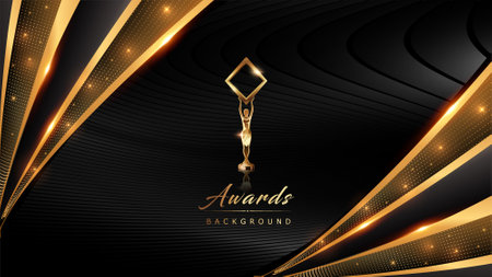 Black Golden Side Corner Wave Flowing Lines Award Background. Trophy on Luxury Background. Modern Abstract Design Template. LED Visual Motion Graphics. Wedding Invitation Poster.のイラスト素材