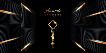 Dark Black Golden Stage Award Background. Trophy on Luxury Background. Grey Side Lines Dynamic Modern Abstract Design Template. LED Visual Motion Graphics. Wedding and Bollywoodのイラスト素材