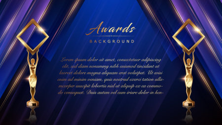 Blue Golden Side Lines Slant Award Background. Trophy on Luxury Background. Modern Abstract Design Template. LED Visual Motion Graphics. Wedding Marriage Invitation Poster.のイラスト素材