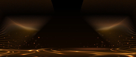 Black Blank Flowing Lines Award Background. Platform Stage Floor Luxury Background. Modern Abstract Design Template. LED Visual Motion Graphics. Wedding Invitation Poster.の写真素材