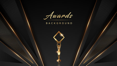 Black Golden Stage Award Background. Side Corner Lines Trophy on Luxury Background. Modern Abstract Design Template. LED Visual Motion Graphics. Wedding Marriage Invitation Poster.のイラスト素材