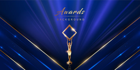 Blue Golden Stage Award Background. Trophy on Luxury Background. Modern Abstract Design Template. LED Visual Motion Graphics. Wedding Marriage Invitation Poster.のイラスト素材