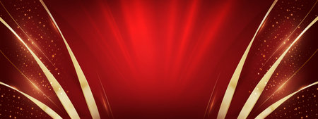 Red Maroon Golden Curtain Stage Award Background. Modern Abstract Design Template. LED Visual Motion Graphics. Wedding Marriage Invitation Poster. Side Corner Wave Frame Flowingの写真素材