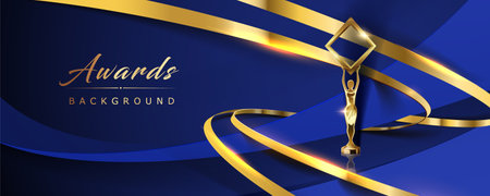Golden Blue Trophy Award Background. Jubilee Night Decorative Invitation. Trophy on Stage platfor. Wedding Entertainment Hollywood Bollywood Night.のイラスト素材