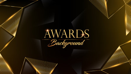 Black Golden Polygonal Edge Triangle Corner. Royal Awards Graphics Background. Glowing Lines Elegant Shine Modern Template. Luxury Premium Corporate Template. Triangle shapeのイラスト素材