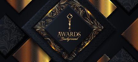 Black and Gold Award Background. Academy Award. Luxury Abstract Modern Template Design. Elegant minimal geometric background. Diamond Square Shape Gold Plated Design Tiles.のイラスト素材
