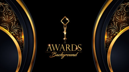 Black and Gold Award Background. Modern Luxury Graphic. Abstract Royal Template Design. Side Curve Dynamic Shape Design Style. Wedding Backdrop Background.のイラスト素材