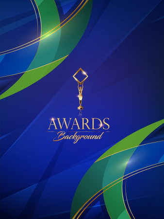 Blue Green Golden Side Curve Wave Award Background. Trophy on Luxury Background. Modern Abstract Design Template. LED Visual Motion Graphics. Wedding Marriage Invitation Poster. Ceのイラスト素材