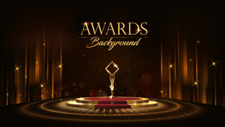 Red Maroon Golden Curtain Stage Award Background. Trophy on Round Red Carpet Luxury Background. Modern Abstract Design Template. LED Visual Motion Graphics. Wedding Marriageのイラスト素材