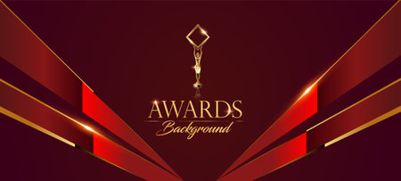 Golden Red Side Lines Award Background. Traditional Style Sparkle Glowing Effect. Wedding Jubilee Night Decorative Invitation. Entertainment Hollywood Bollywood Template Design.のイラスト素材