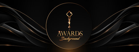 Black and Gold Luxury Background. Round Around Lines Modern Abstract Template. Golden Award Background Design. Premium Digital Technology Presentation.のイラスト素材