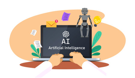 Businessman working on laptop using ai technology.のイラスト素材