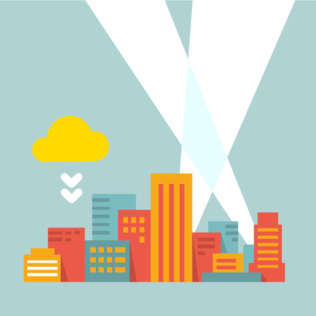 colorful flat style illustration modern city in the bright rays of lightのイラスト素材
