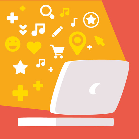 colorful set of icons for social networks and web in the light of the monitorのイラスト素材