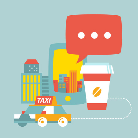 Colrful Vector taxi service in city of buildings, coffee and phoneのイラスト素材