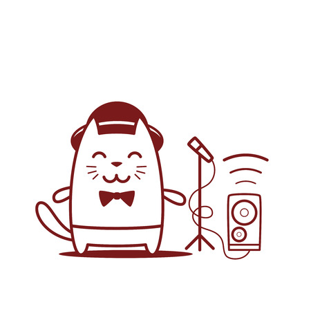 Musician character in costume, hat and bow tie line art. Cat male stands smiling のイラスト素材