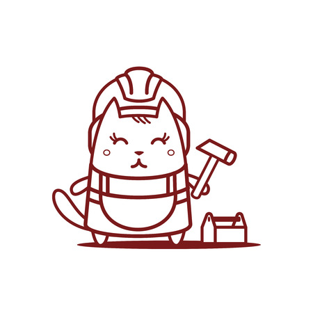 Character builder in helmet and working clothes line art. Cat female stands smiling and holding a hammerのイラスト素材