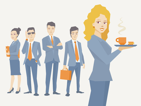 Vector illustration of woman portrait secretary with coffee in hand on the background of business team of young businesspeopleのイラスト素材