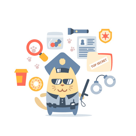 Character police in officer's cap and in the form of police with a official stick colorful flat composition of professional accessories. Cat male stands smiling and holding a  police stickのイラスト素材