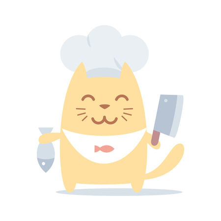 Character chef in a chef's hat colorful flat. Cat male stands smiling and holding a knife cook and  fish  のイラスト素材