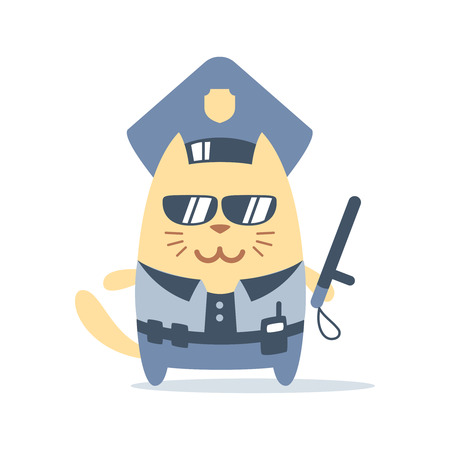 Character police in officer's cap and in the form of police with a official stick colorful flat. Cat male stands smiling and holding a official stick  のイラスト素材