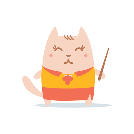 Character teacher in a woman business suit colorful flat. Cat female stands smiling and holding a pointerのイラスト素材