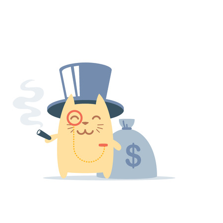 Character rich gentleman in a hat-cylinder and a monocle colorful flat. Cat male stands smiling and holding a cigarのイラスト素材