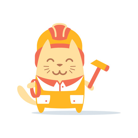 Character builder in helmet and coveralls colorful flat. Cat male stands smiling and holding a rope and hammerのイラスト素材